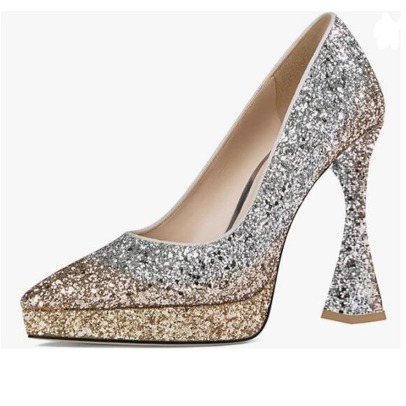YDN Silver Champagne Glitter Platform Pointed Toe Pumps Special High Heel Shoe - Picture 1 of 8
